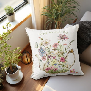 Elegant Teapot Spring Flowers Butterflies Throw Pillow