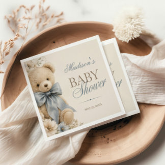 Elegant Teddy Bear Blue Bow Baby Shower Napkin