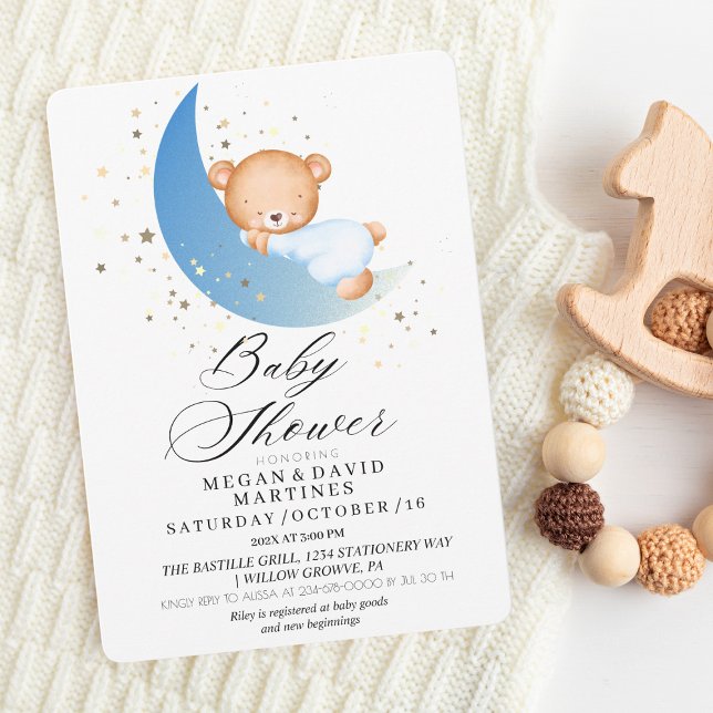 Elegant teddy bear moon gold stars  Baby Shower  Invitation (Creator Uploaded)