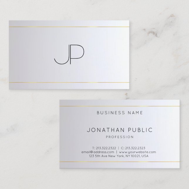 Elegant Template Stylish Monogram Gold Silver Business Card (Front/Back)