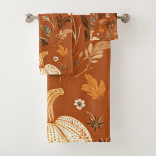 Elegant Terra Cota Pumpkin Autumn Floral Pattern Bath Towel Set