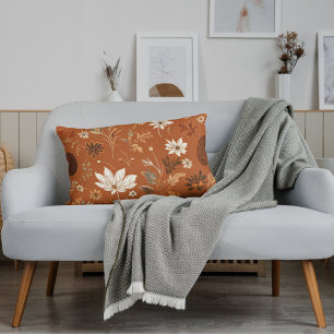 Elegant Terra Cota Pumpkin Autumn Floral Pattern  Lumbar Pillow