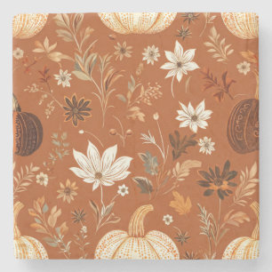 Elegant Terra Cota Pumpkin Autumn Floral Pattern  Stone Coaster