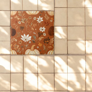 Elegant Terra Cota Pumpkin Autumn Floral Pattern  Tile