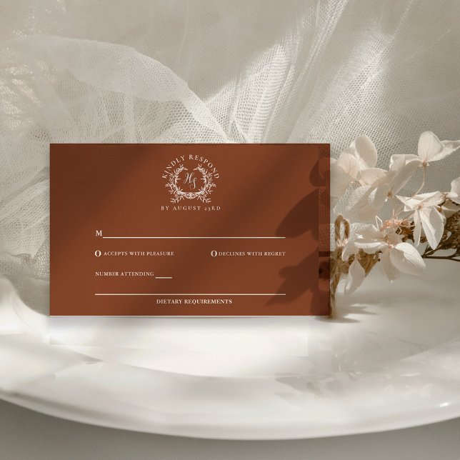 Elegant Terra Cotta Monogram Crest QR Code Wedding RSVP Card (Creator Uploaded)