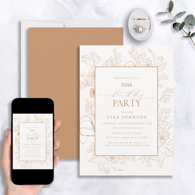 Elegant Terracotta 50th Birthday Floral Line Art Invitation (Creator Uploaded)