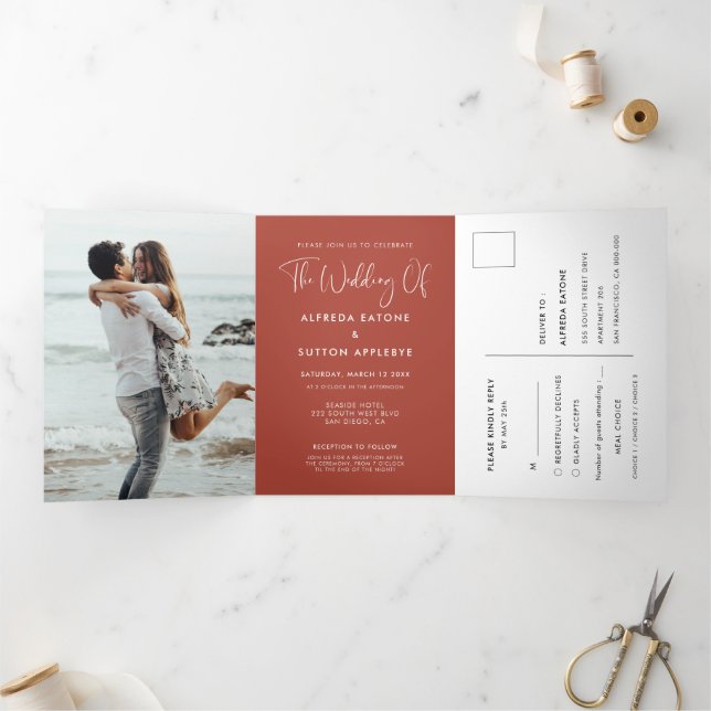 Elegant terracotta all-in-one wedding photo Tri-Fold invitation (Inside)