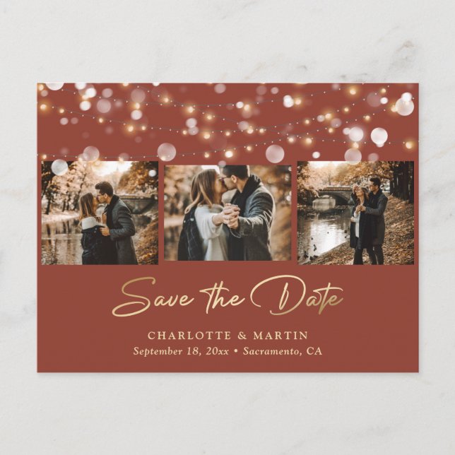 Elegant Terracotta and Gold 3 Photo Save The Date Announcement Postcard (Front)