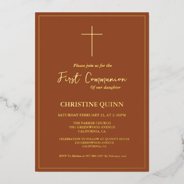 Elegant Terracotta and Gold First Holy Communion (Front)