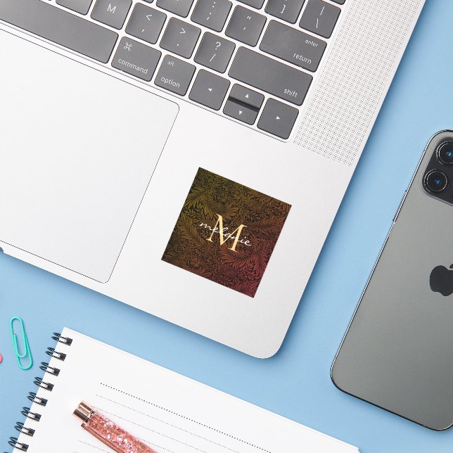 Elegant Terracotta Boho Botanical Pattern Monogram (Laptop w/ iPhone)