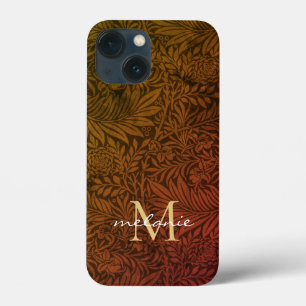 Elegant Terracotta Boho Botanical Pattern Monogram iPhone 13 Mini Case