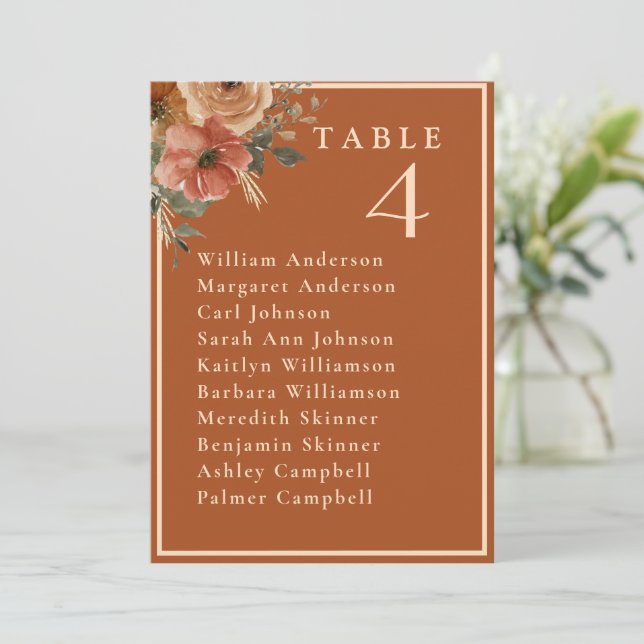 Elegant Terracotta Boho Wedding Table Seating Card (Standing Front)