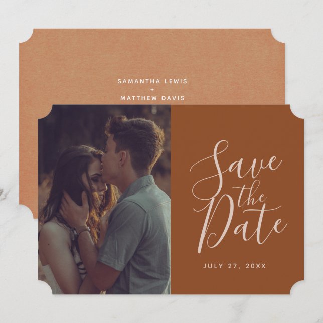 Elegant Terracotta Calligraphy Save The Date Photo Invitation (Front/Back)