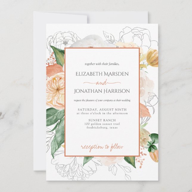 Elegant Terracotta Champagne Floral Script Invitation (Front)