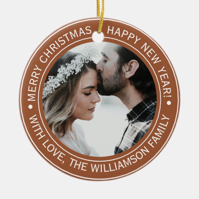 Elegant Terracotta Christmas Monogram Photo Ceramic Ornament (Front)