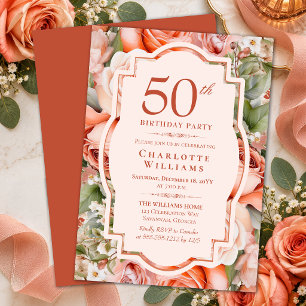 Elegant Terracotta Coral Roses 50th Birthday Party Invitation