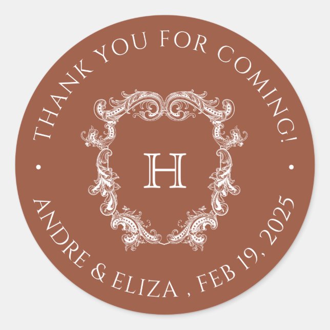 Elegant Terracotta Crest Monogram Wedding Classic Round Sticker (Front)