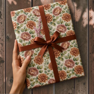 Elegant Terracotta Dahlias & Eucalyptus Floral  Wrapping Paper