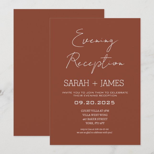 Elegant Terracotta Evening Reception Wedding  Invitation (Front/Back)