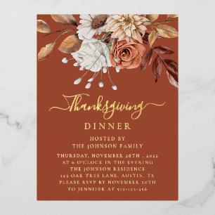 Elegant Terracotta Fall Floral Leaves Thanksgiving Foil Invitation Postcard