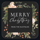 Elegant Terracotta Floral Boho Christmas Name  Square Sticker<br><div class="desc">These beautiful Christmas holiday gift stickers feature a hand painted floral design in dark olive green, terracotta burnt orange, and ivory over a black background (colour can be customized, if desired). Stylish typography reads, "Merry Christmas." Easy to personalize for unique holiday gift labels! For design enquiries, please email me (Tracey)...</div>