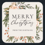 Elegant Terracotta Floral Boho Christmas Name   Square Sticker<br><div class="desc">These beautiful Christmas holiday gift stickers feature a hand painted floral design in dark olive green, terracotta burnt orange, and ivory over an ivory background (colour can be customized, if desired). Stylish typography reads, "Merry Christmas." Easy to personalize for unique holiday gift labels! For design enquiries, please email me (Tracey)...</div>