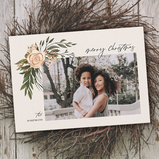 Elegant Terracotta Floral Boho Photo Christmas  Holiday Card (Creator Uploaded)