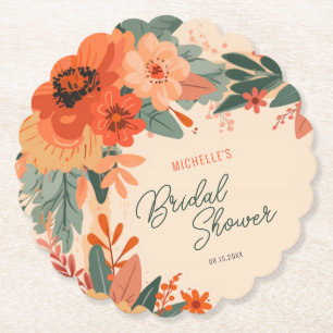 Elegant Terracotta Floral Bridal Shower Paper Coaster