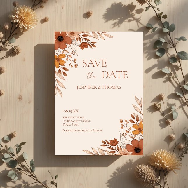 Elegant Terracotta Floral Hand-Drawn Wedding Save The Date (Elegant Terracotta Floral Hand-Drawn Wedding Save The Date)