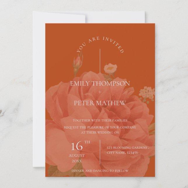 Elegant Terracotta Floral Minimalist Wedding Invitation (Front)