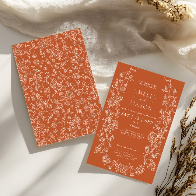 Elegant Terracotta Floral Vintage Wedding Invitation (Terracotta Fall and autumn wedding invitation with white floral border)