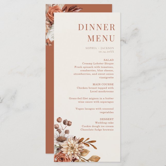 Elegant Terracotta Floral Wedding Dinner Menu Card (Front/Back)