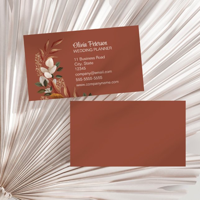 Elegant Terracotta Floral Wedding Organizer Business Card (Elegant Terracotta Floral Wedding Organizer Business Card on a white dry palm leaf.)