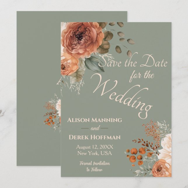Elegant Terracotta Floral Wedding Save the Date Holiday Card (Front/Back)