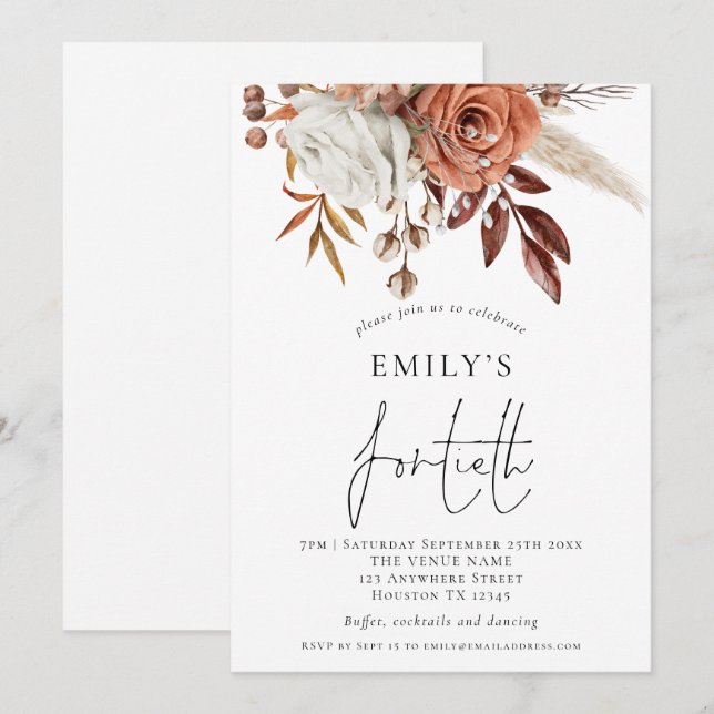 Elegant Terracotta Florals Fortieth Birthday Party Invitation (Front/Back)