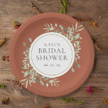 Elegant Terracotta Gold Greenery Bridal Shower Paper Plate<br><div class="desc">Featuring delicate watercolor leaves on a terracotta background,  these chic botanical bridal shower paper plates can be personalized with your special bridal shower information. Designed by Thisisnotme©</div>