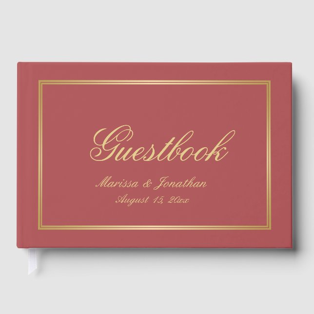 Elegant Terracotta Gold Monogram Script Wedding  Guest Book (Front)