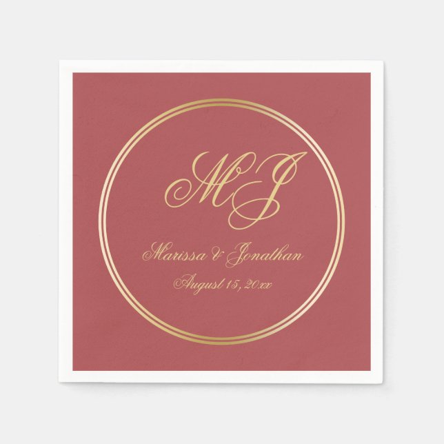 Elegant Terracotta Gold Monogram Script Wedding Napkin (Front)
