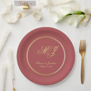 Elegant Terracotta Gold Monogram Script Wedding Paper Plate