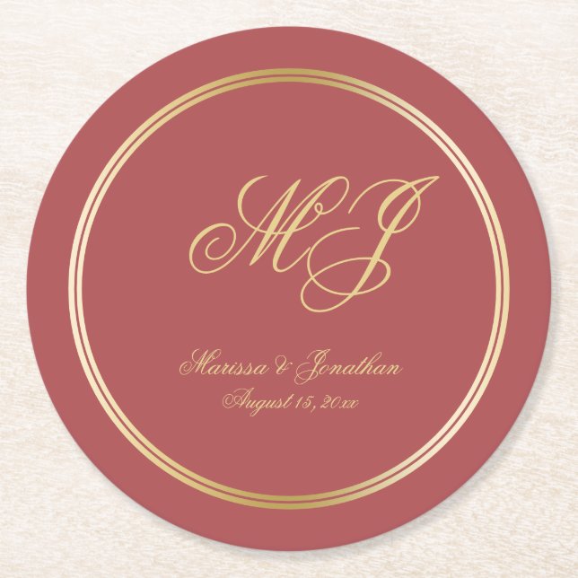 Elegant Terracotta Gold Monogram Script Wedding Round Paper Coaster (Front)