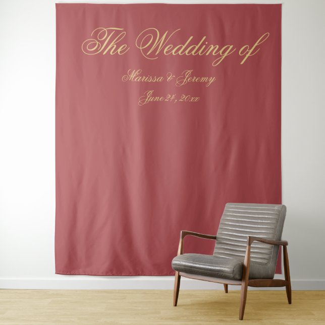Elegant Terracotta Gold Script Monogram Wedding Tapestry (In Situ)