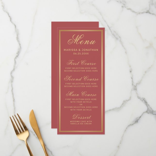 Elegant Terracotta Gold Script Wedding Menu (Front/Back In Situ)