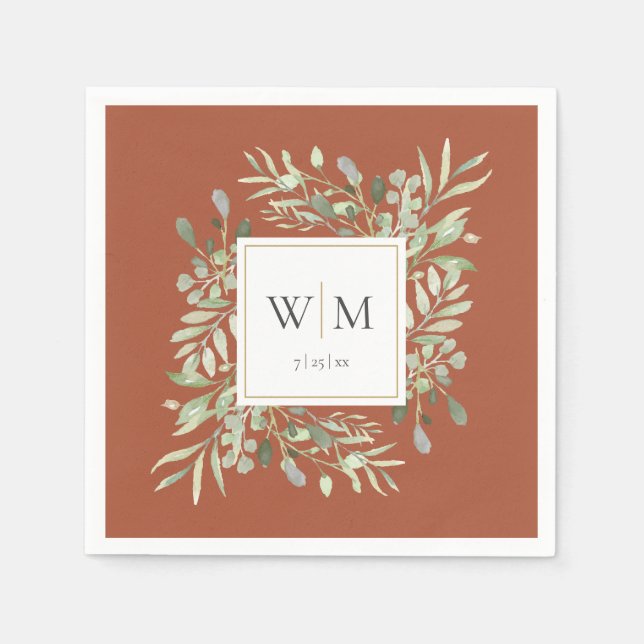 Elegant Terracotta Greenery Gold Monogram Napkin (Front)