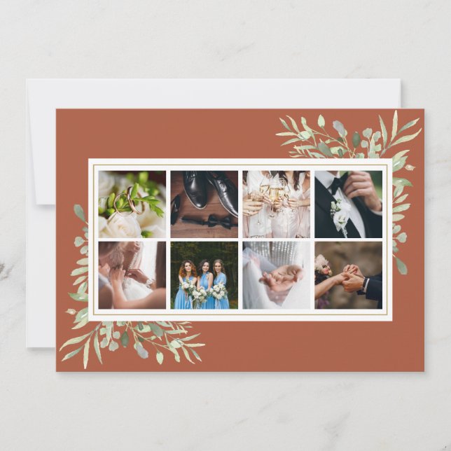 Elegant Terracotta Greenery Photo Collage Wedding Thank You Card (Front)