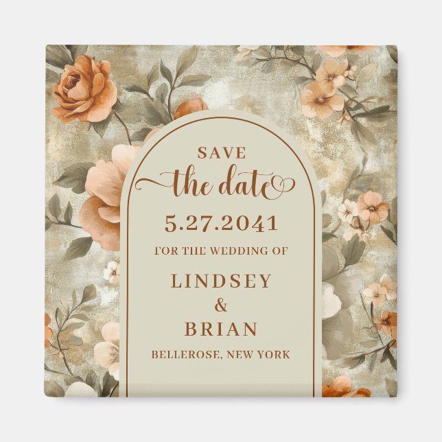 Elegant Terracotta Ivory Sage Floral Save the Date Magnet (Front)
