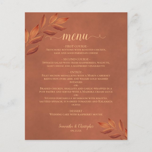 Elegant Terracotta Leaves Budget Wedding Menu (Front)
