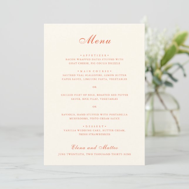 Elegant Terracotta Modern Classic Wedding Menu (Standing Front)