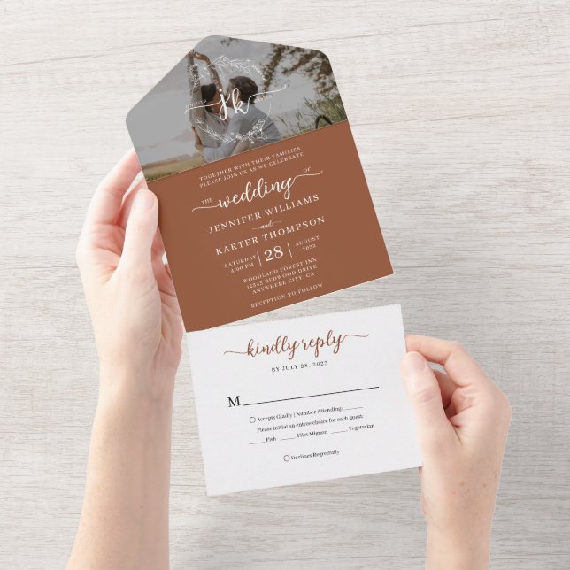Elegant Terracotta Monogram Photo Rsvp Wedding All In One Invitation (Tearaway)