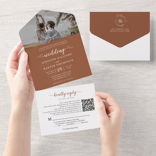 Elegant Terracotta Monogram QR Code Photo Wedding All In One Invitation (Creator Uploaded)