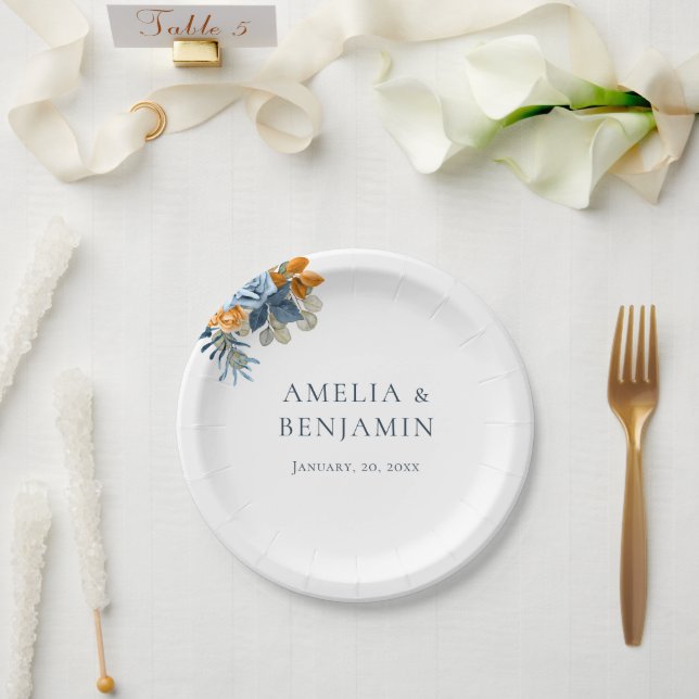 Elegant Terracotta Orange Navy Blue Rust Wedding Paper Plate (Wedding)